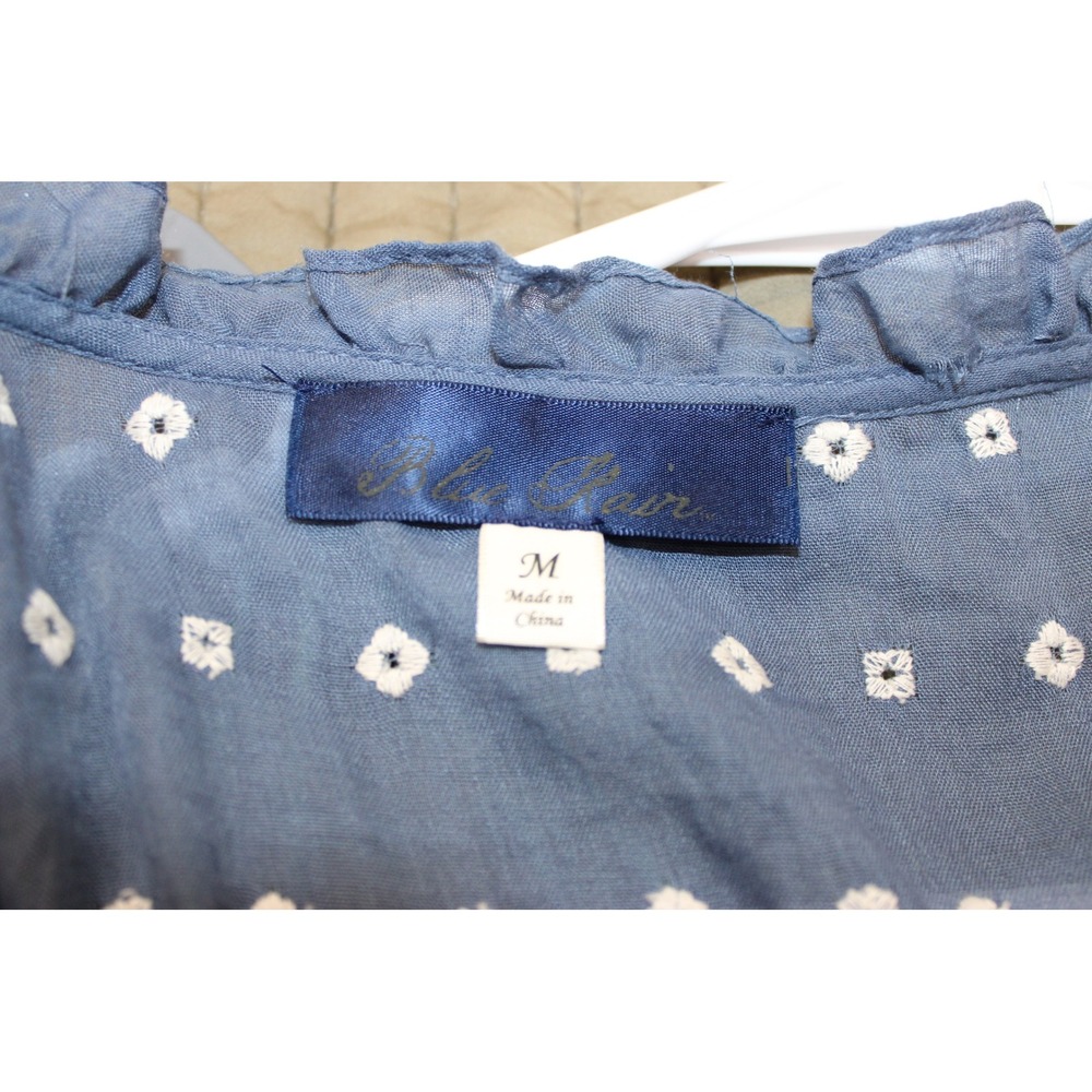 Blue Rain Boho Blouse Medium Blue Embroidered Pom Pom Tassel Anthro style - Picture 4 of 5